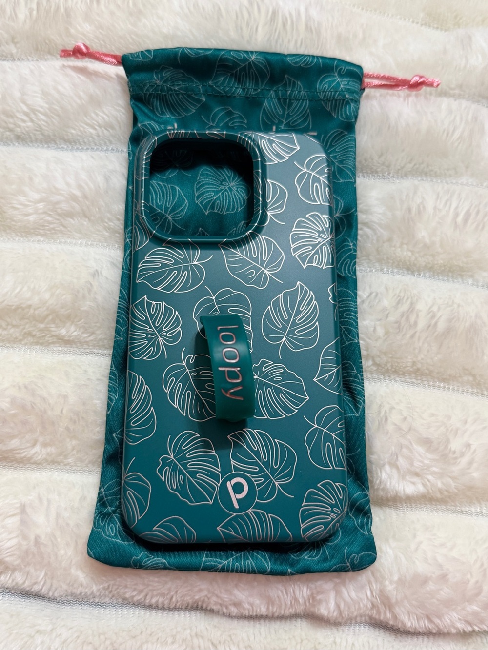 Loopy Case Teal Phone Case with White Leaf Pattern and Built-In Loop